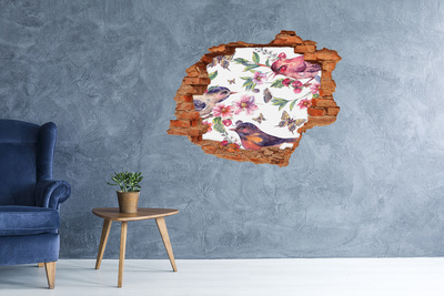 Sticker mural effet trou Des oiseaux Papillons Cerises brique