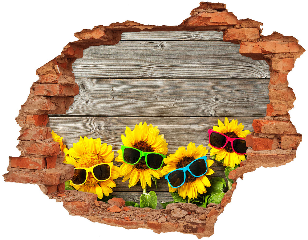 Sticker mural effet trou Tournesols fleurs brique