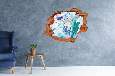 Sticker mural effet trou Feuilles exotiques brique