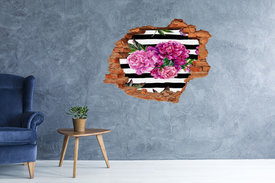 Sticker mural effet trou Pivoines roses fleurs brique