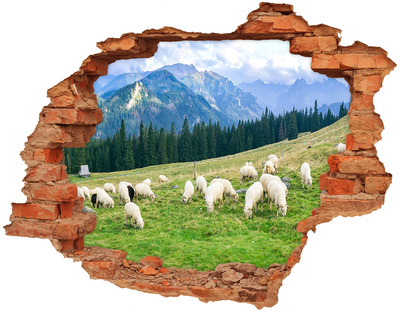 Autocollant à effet 3d trou Paysage de montagne avec des moutons