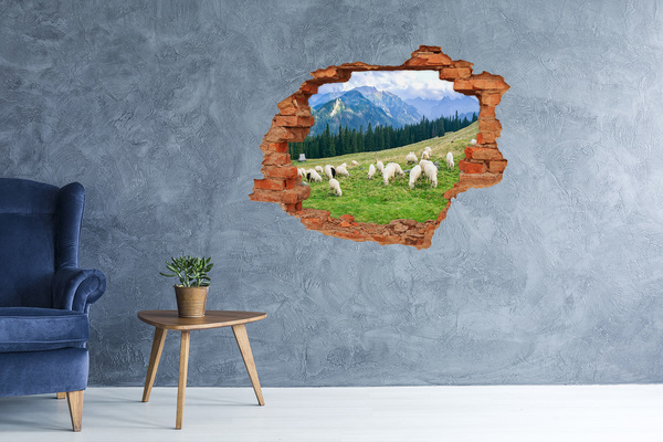 Autocollant à effet 3d trou Paysage de montagne avec des moutons