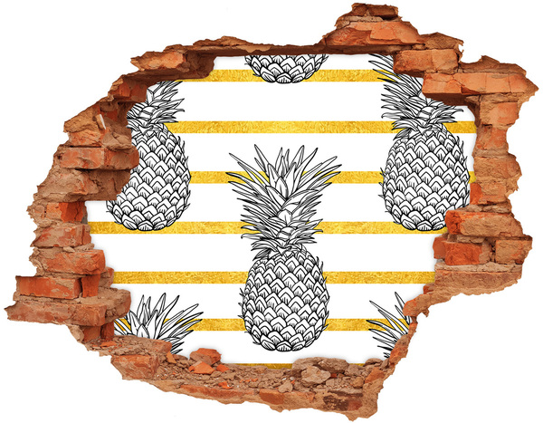 Sticker mural effet trou Ananas sur fond de rayures dorées