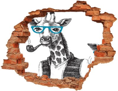 Autocollant mural trou Girafe avec lunettes et pipe