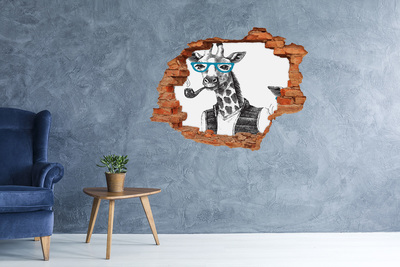 Autocollant mural trou Girafe avec lunettes et pipe