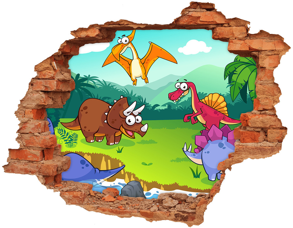 Sticker mural effet trou Dinosaures brique