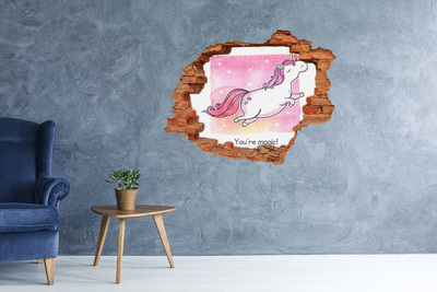 Sticker trou dans le mur Licorne rose brique