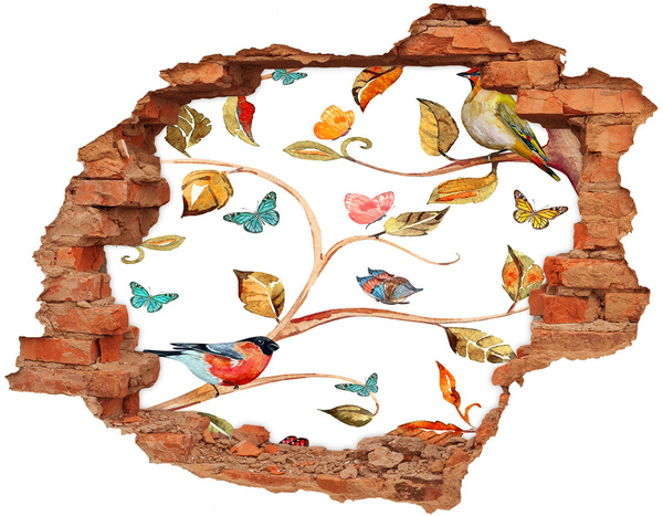 Sticker trou dans le mur Oiseaux et papillons brique