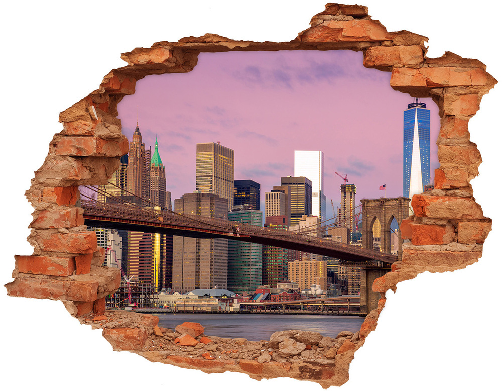 Sticker mural effet trou Manhattan New York ciel brique