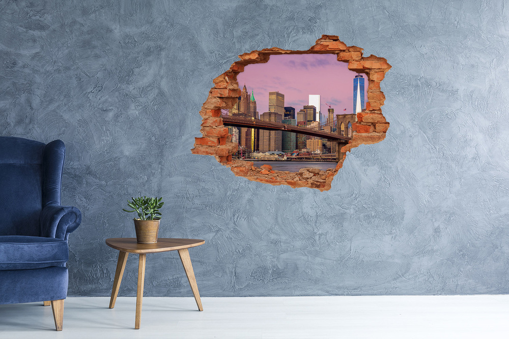 Sticker mural effet trou Manhattan New York ciel brique