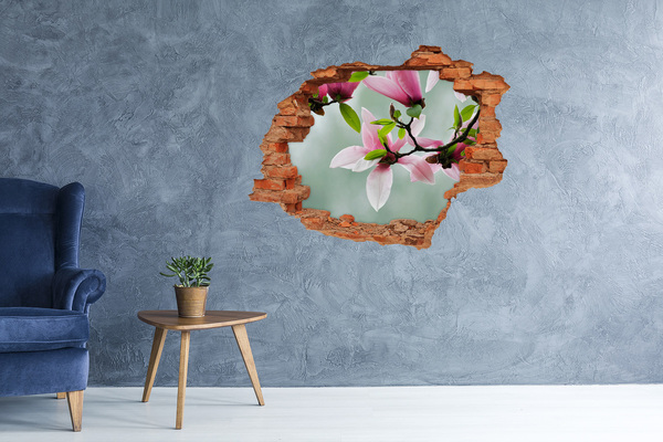 Autocollant à effet 3d trou Des fleurs de magnolia dans un mur endommagé