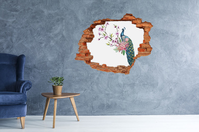 Sticker mural effet trou Paon parmi les fleurs