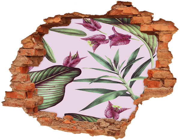 Sticker trou dans le mur Fleurs tropicales plantes brique