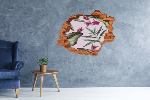 Sticker trou dans le mur Fleurs tropicales plantes brique