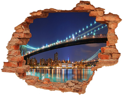 Sticker mural effet trou Le pont de Brooklyn la nuit