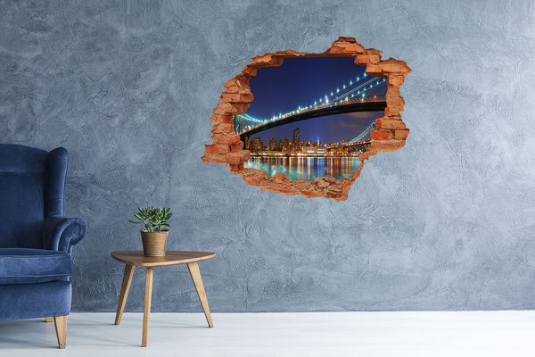 Sticker mural effet trou Le pont de Brooklyn la nuit