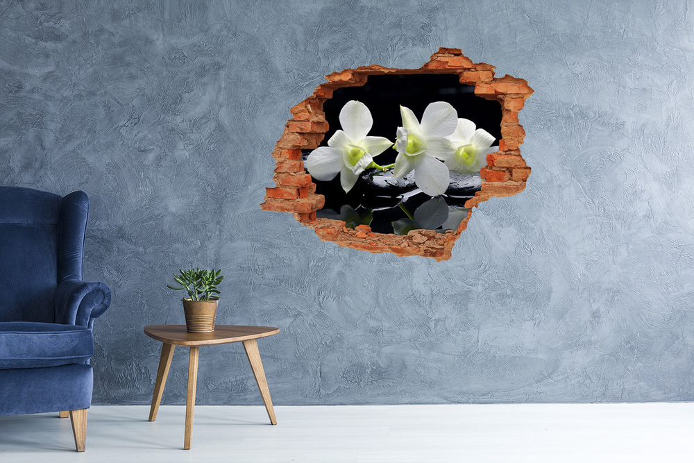 Sticker mural effet trou Orchidée pierres zen eau brique