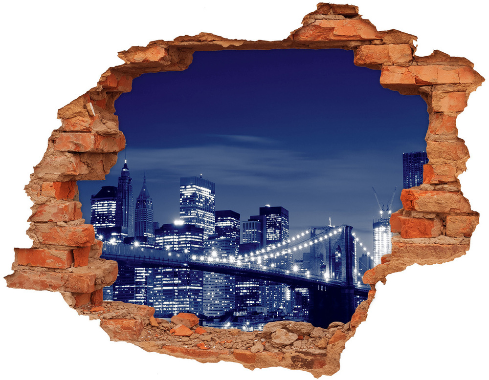 Sticker mural effet trou New York Manhattan la nuit brique