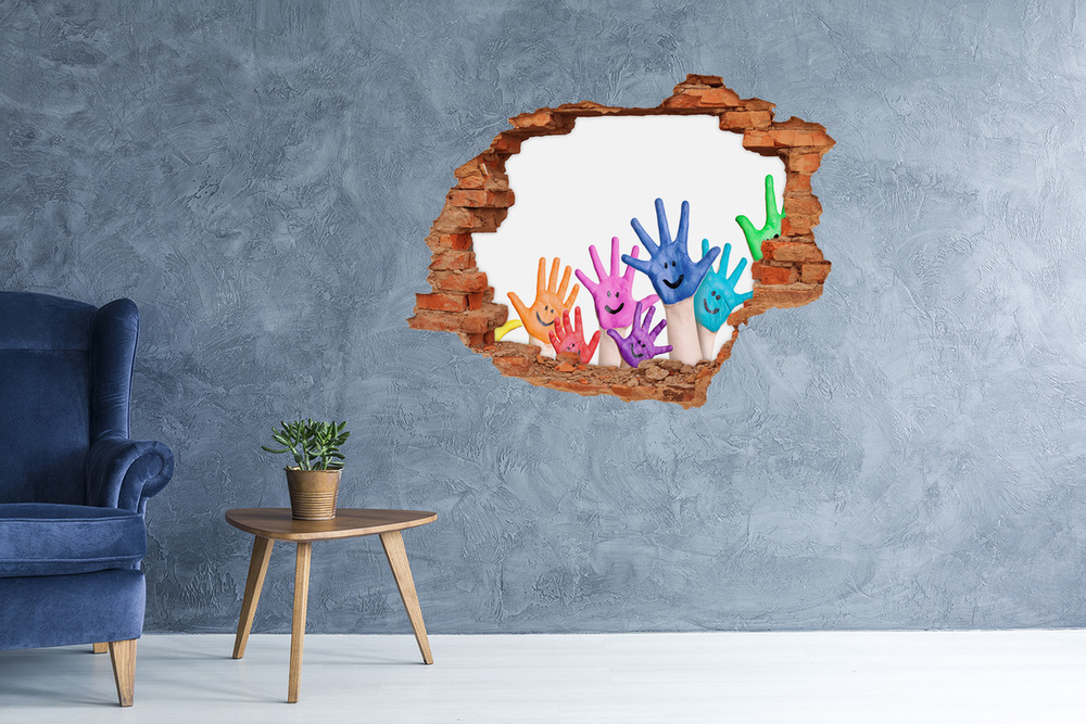 Sticker mural effet trou Mains peintes brique