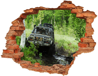 Sticker mural effet trou Jeep dans la forêt brique