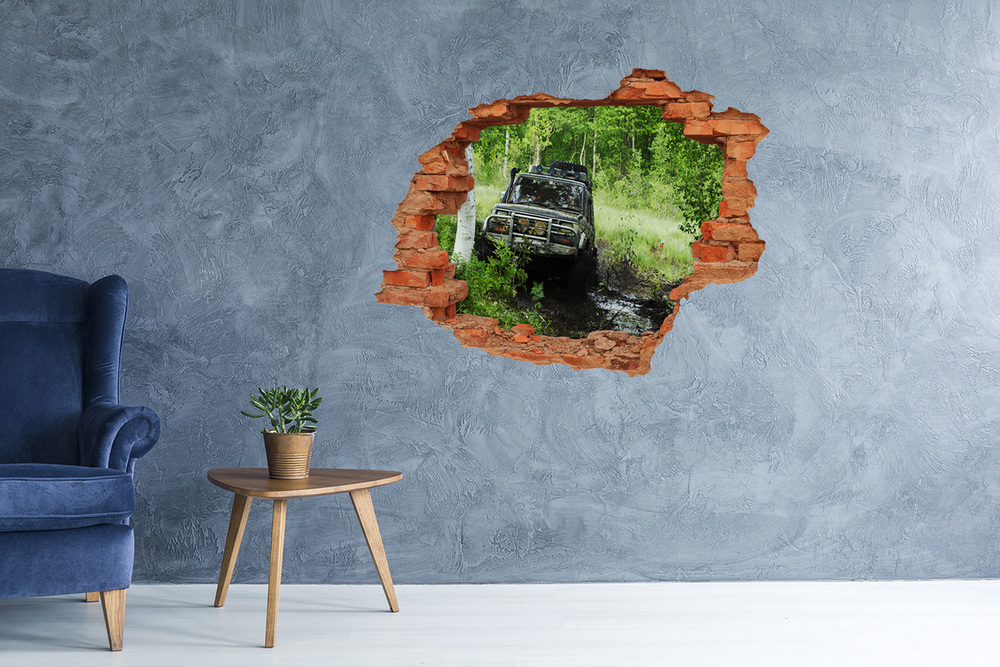 Sticker mural effet trou Jeep dans la forêt brique