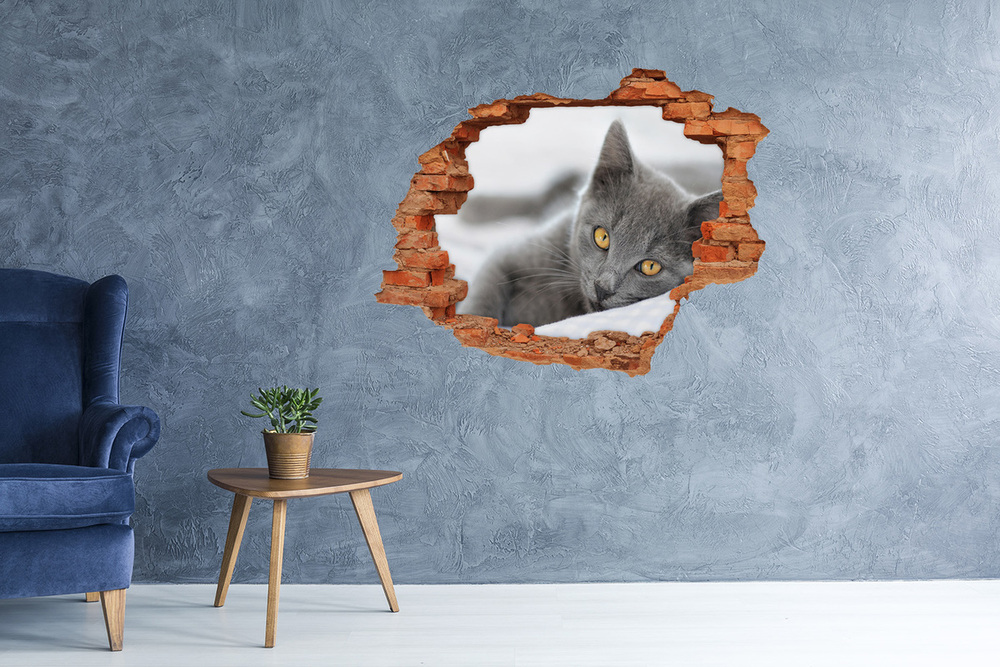 Sticker mural effet trou Chat gris brique