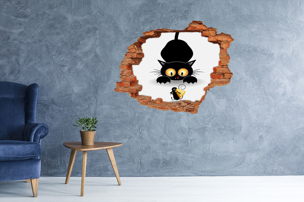 Autocollant mural trou Chat et souris dans le trou