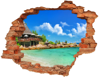 Sticker mural effet trou Plage de Seychelles brique