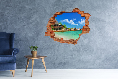 Sticker mural effet trou Plage de Seychelles brique