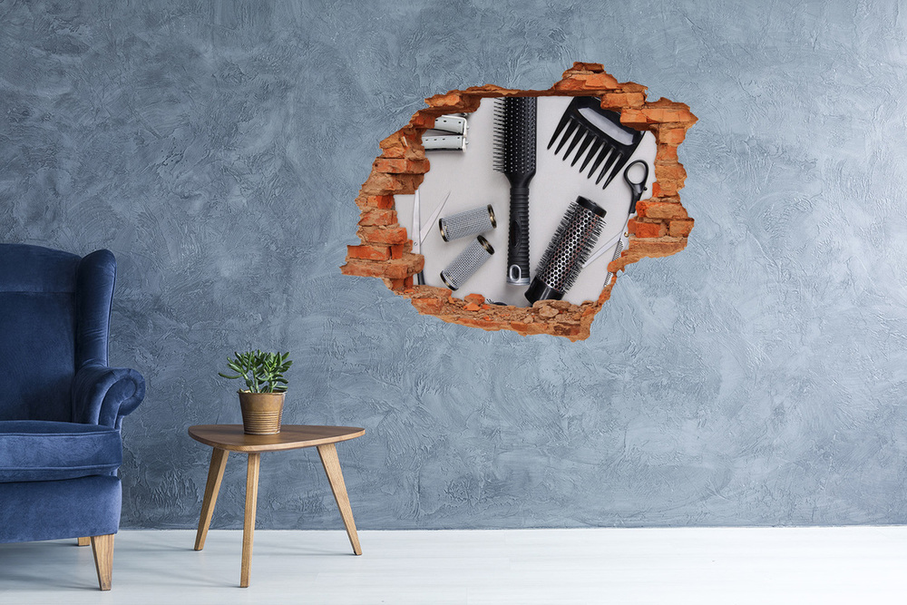 Sticker mural effet trou Accessoires de coiffeur brique