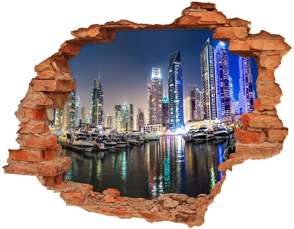 Sticker mural effet trou Dubai la nuit brique