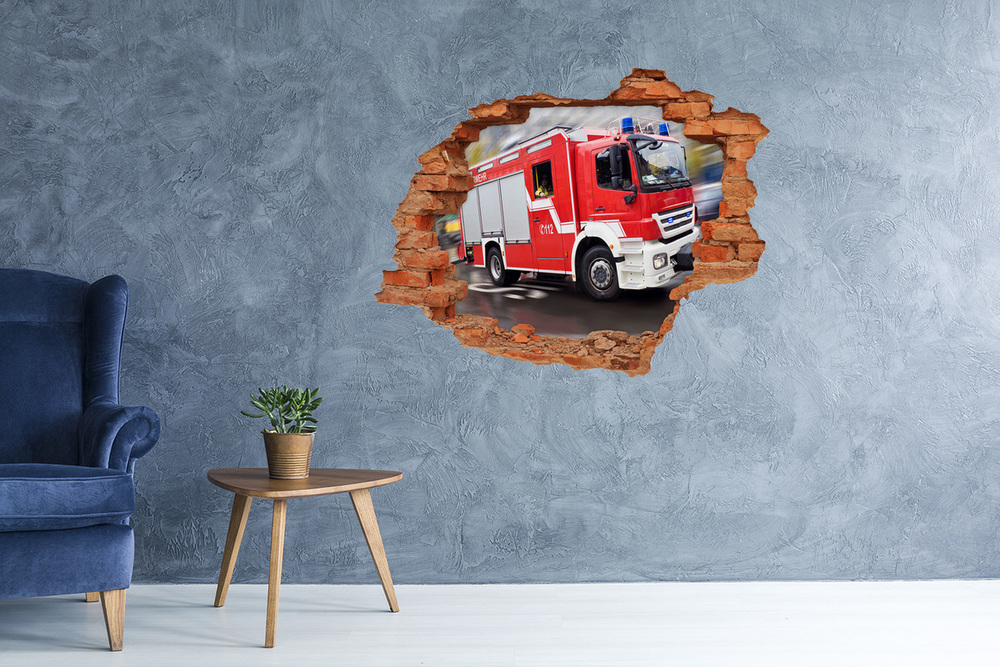 Sticker mural effet trou Camion de pompier brique