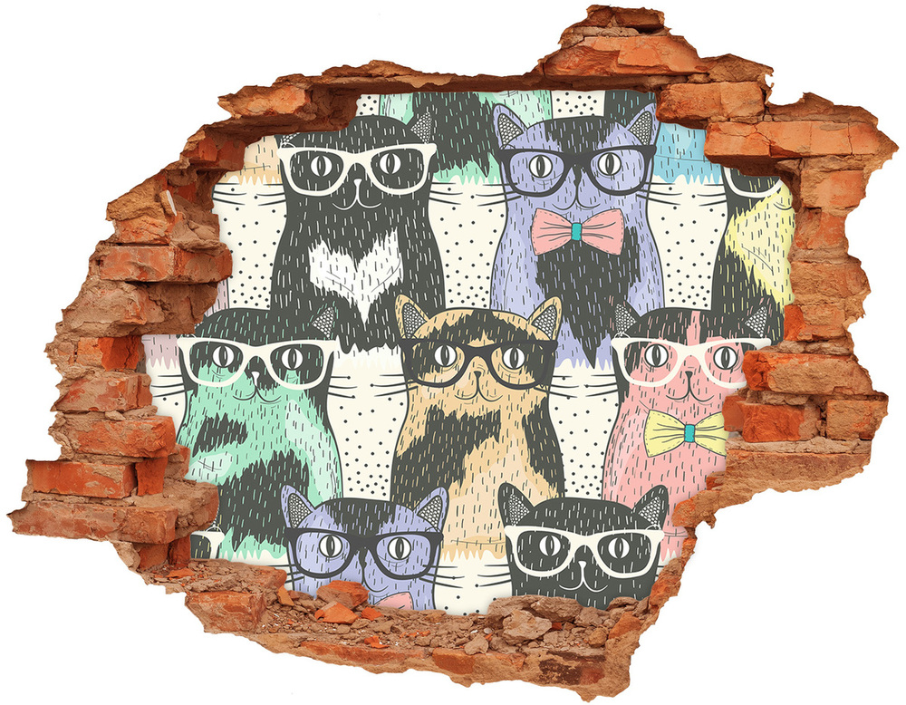 Sticker mural effet trou Chats avec des lunettes brique