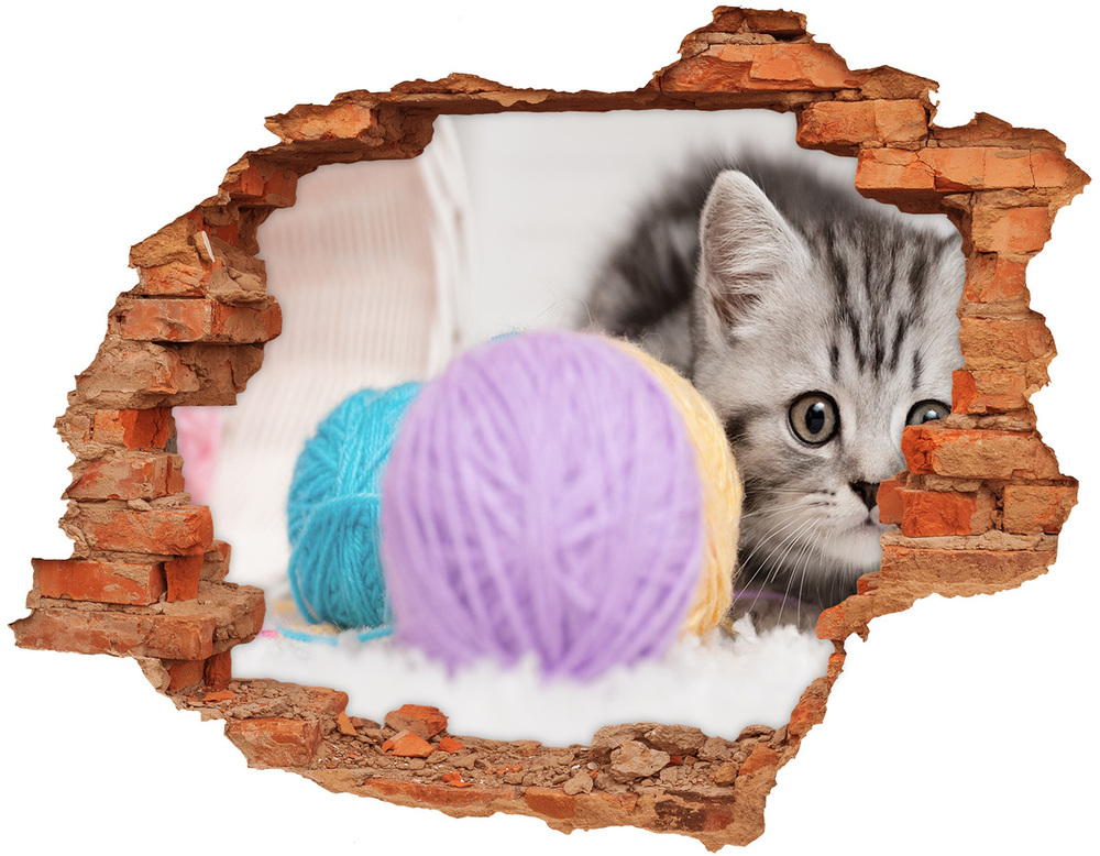 Autocollant mural trou Chat avec des écheveaux brique