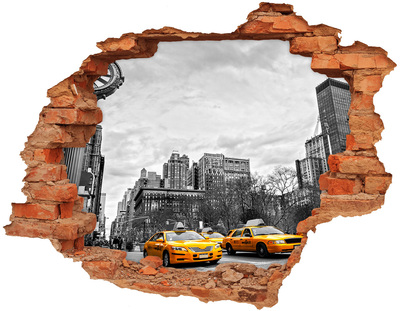 Sticker mural effet trou Les taxis de New York dans le paysage urbain