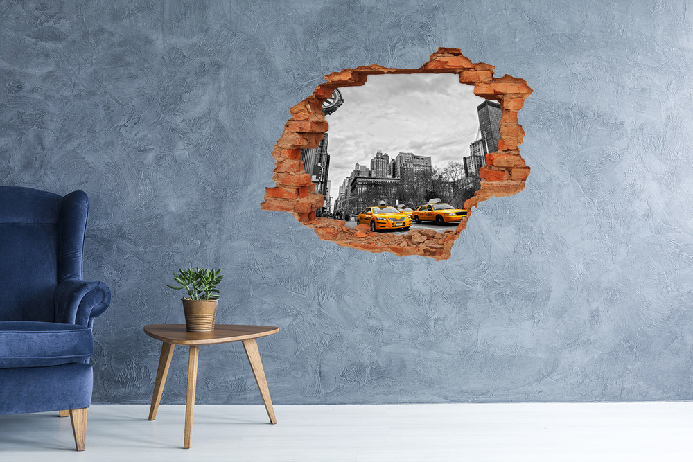 Sticker mural effet trou Taxis de New York brique