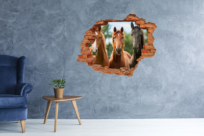 Sticker mural effet trou Trois chevaux brique