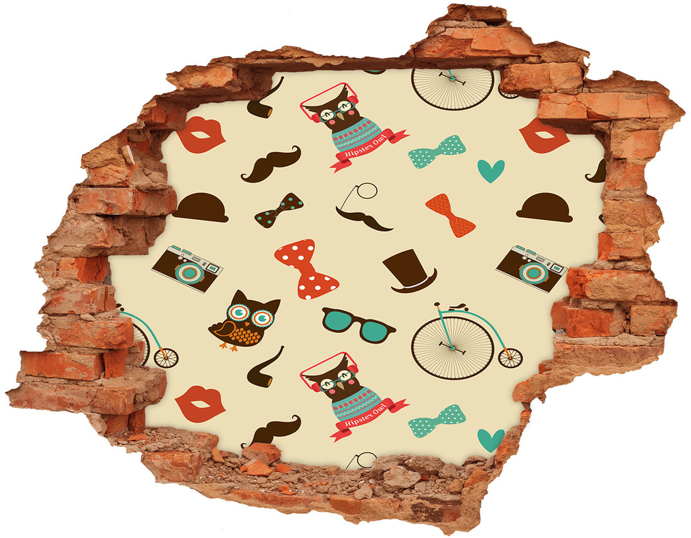 Sticker mural effet trou Hiboux hipster brique