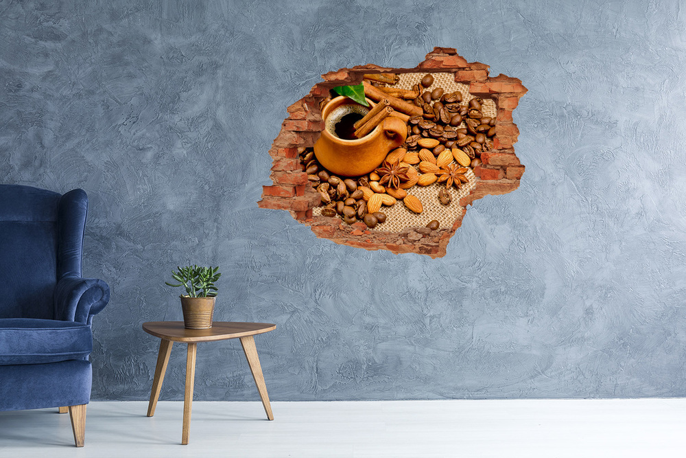 Sticker mural effet trou Grains de café et tasse brique