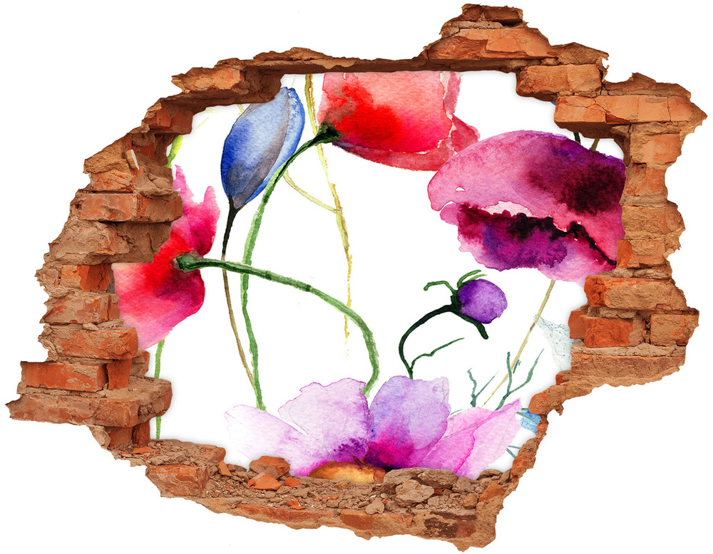 Sticker trou dans le mur Les coquelicots fleurs des champs brique