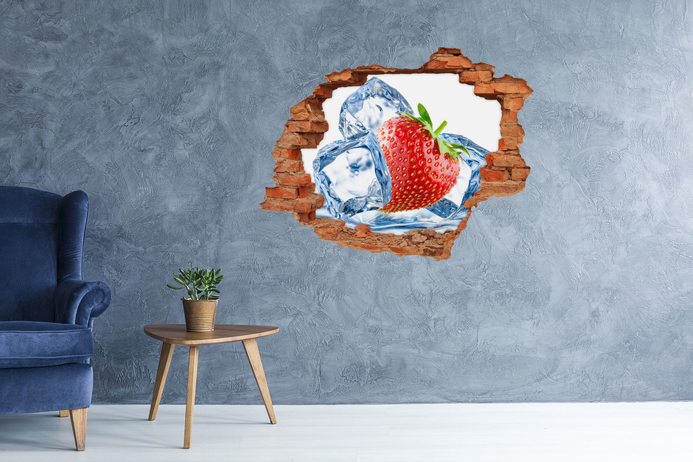 Sticker mural effet trou Fraise avec de la glace brique