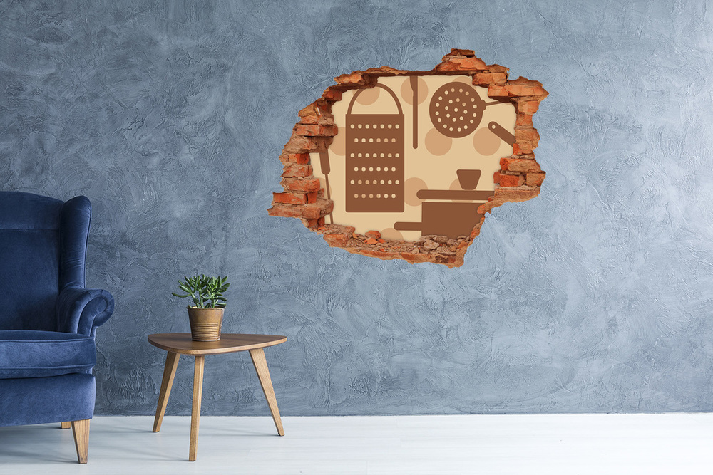 Sticker mural effet trou Outils de cuisine brique