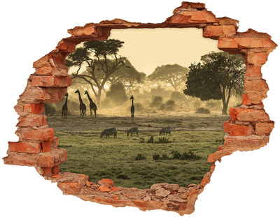 Sticker mural effet trou Savane africaine avec des girafes et des zèbres