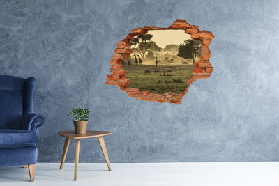 Sticker mural effet trou Savane africaine avec des girafes et des zèbres