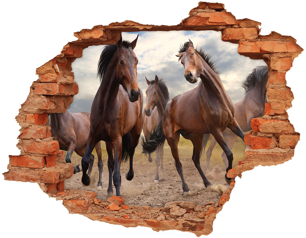 Sticker mural effet trou Cinq chevaux brique