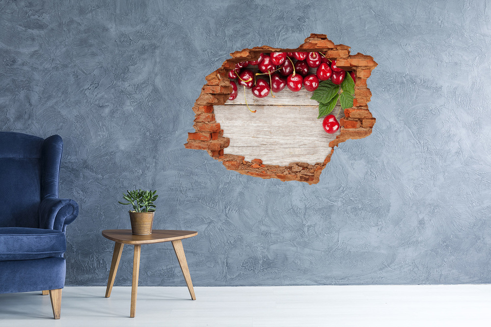 Sticker mural effet trou Cherries sur le bois brique