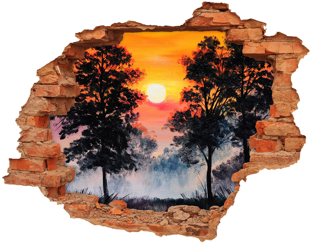 Sticker mural effet trou Forêt de coucher de soleil brique