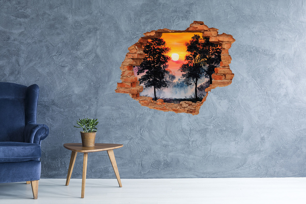 Sticker mural effet trou Forêt de coucher de soleil brique