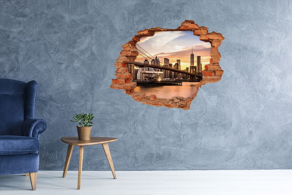 Sticker mural effet trou Pont de Brooklyn nuages brique