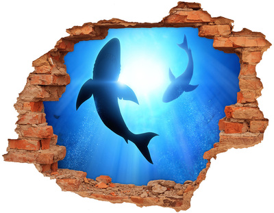 Sticker mural effet trou Deux requins brique